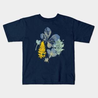 forest leaves gelli print - blue-yellow Kids T-Shirt